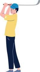 A man in a yellow shirt is holding a golf club and standing on a golf course