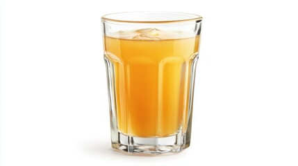 A glass of orange juice is sitting on a white background