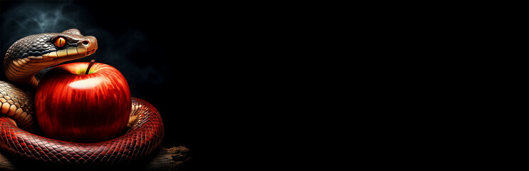 The Original Sin and the Forbidden Fruit Concept, close-up of a poisonous snake coiled around a red apple in the Garden of Eden, isolated on a black background with copy space. Generative Ai.