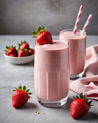 Dos vasos con batido de fresa junto a una servilleta de color rosa