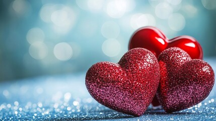Fototapeta premium Glittering red hearts on sparkling blue surface, symbolizing love and romance. Shimmering bokeh background adds magical atmosphere to Valentine's Day concept.