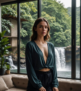 Retrato mujer sensual en el interior de una casa con un gran ventanal desde el que se ve un paisaje con una cascada