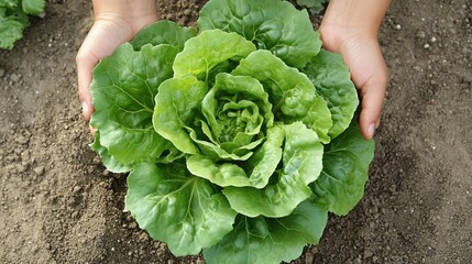 Freshly harvested green lettuce held by gardener's hands over rich soil, showcasing homegrown produce and sustainable agriculture practices.