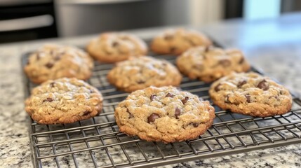 A rack of cookies with chocolate chips on it