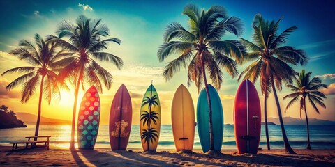 Silhouette of Surfboards on a Tropical Beach: Exploring the Circular Economy's Role in Sustainable Summer Leisure Activities Amidst a Vibrant Coastal Landscape