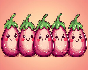 Five cute cartoon eggplants in a row.