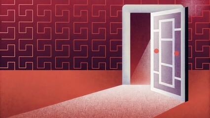 Minimalist Open Doorway with Red Walls and Glowing Light Path Beyond