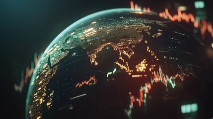 Global financial market data visualized on a digital Earth globe, showing stock market trends and economic activity.