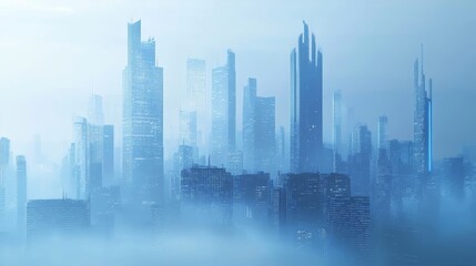 Fototapeta premium Modern urban skyline, minimalist architecture, cool blue tones, light fog diffusing in the background, 