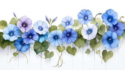 Watercolor art of climbing morning glory vine with blue and purple flowers, showcasing delicate petals and lush green leaves, creating serene and vibrant atmosphere