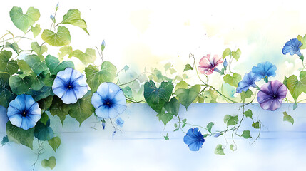 Watercolor art of climbing morning glory vine with blue and purple flowers, showcasing delicate leaves and serene background
