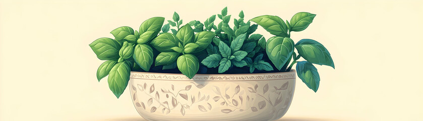 Obraz premium Fresh herbs in a decorative bowl.