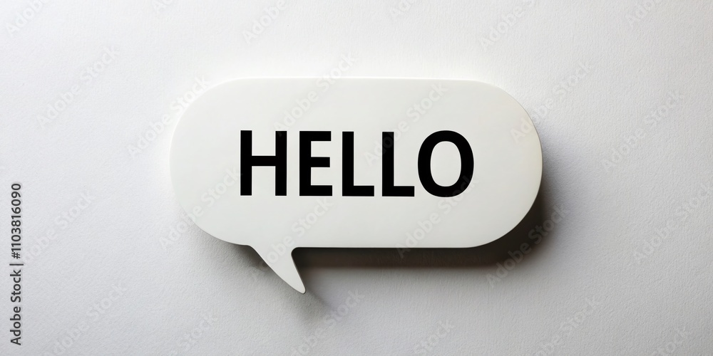 Poster simple and elegant white speech bubble with 'hello' text on a plain white background, featuring a su