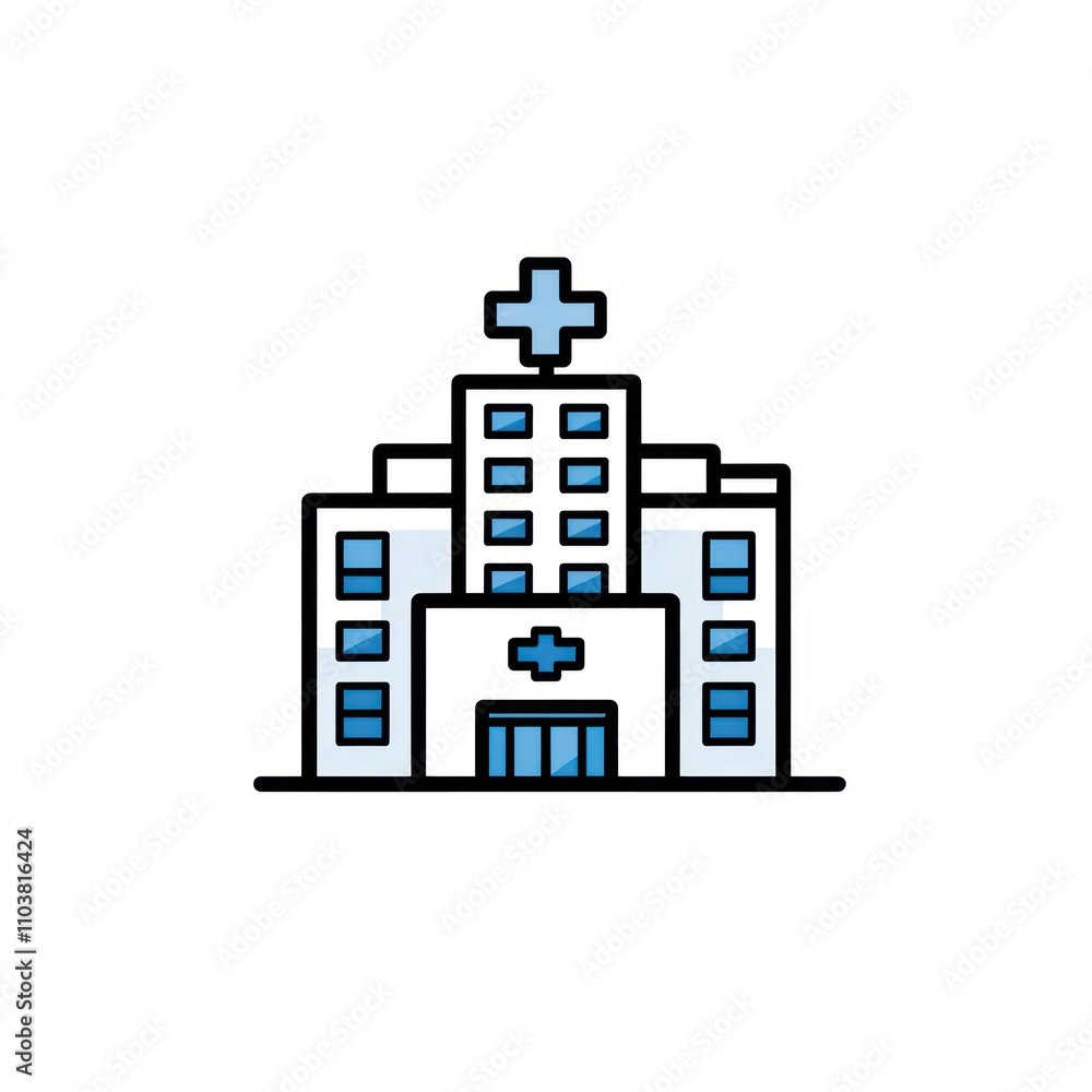 Poster here's a and keyword list for your image.. hospital building icon. simple flat design.