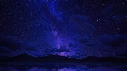 Starry night sky reflecting on calm water.