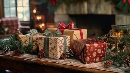 Elegant Christmas gift boxes scattered across a table with seasonal decor.