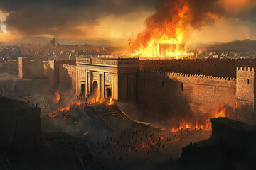 A poignant digital painting of the destruction of the Temple of Jerusalem on Tisha B'Av, with fire and smoke engulfing the holy site. The scene depicts Jerusalem's downfall, with citizens in despair