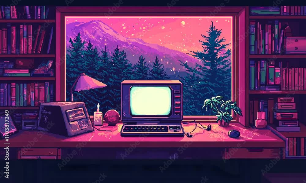 Aufkleber a retro computer sits on a desk with a window view of a mountain and forest in the distance. the roo
