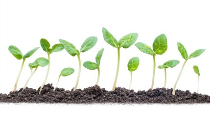 A sequence of young plant seedlings progressively growing taller in soil, symbolizing stages of growth and development, isolated on a white background.