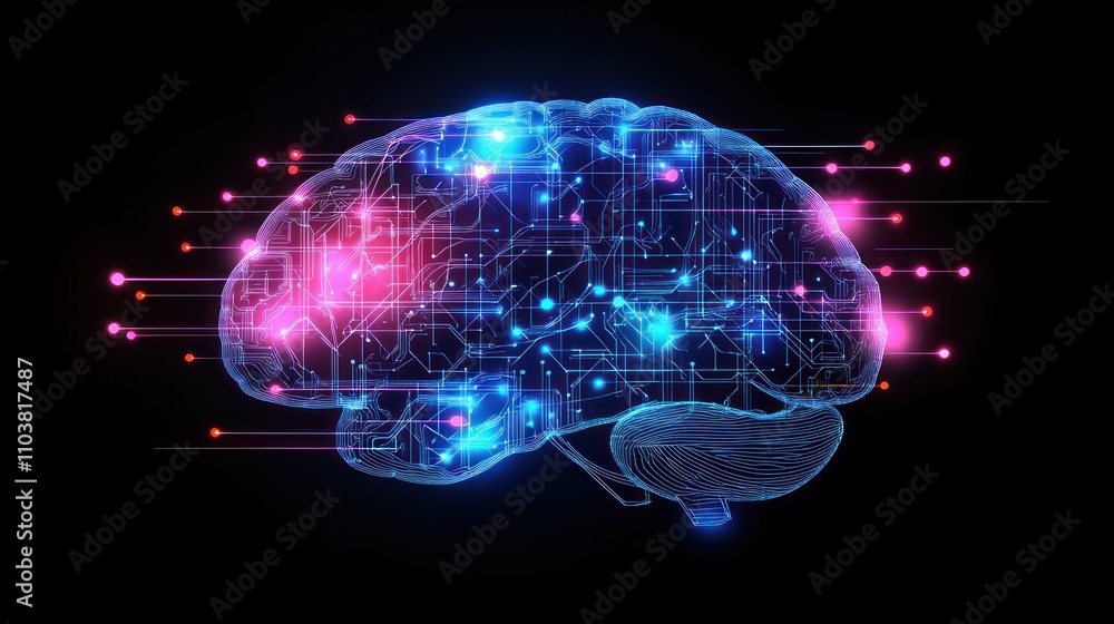 Poster abstract representation of a brain with digital circuits.