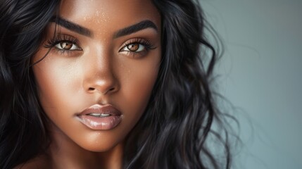 Enchanting beauty shines through with captivating gaze and radiant skin tone in warm lighting