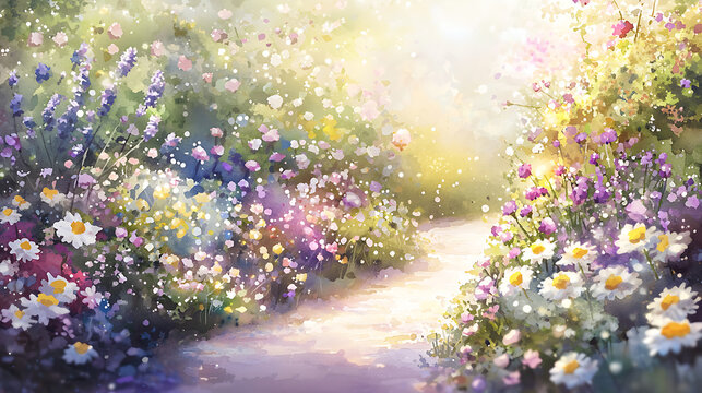 serene garden path surrounded by vibrant flowers, including daisies and lavender, creates peaceful atmosphere. soft colors and gentle light evoke sense of tranquility and beauty