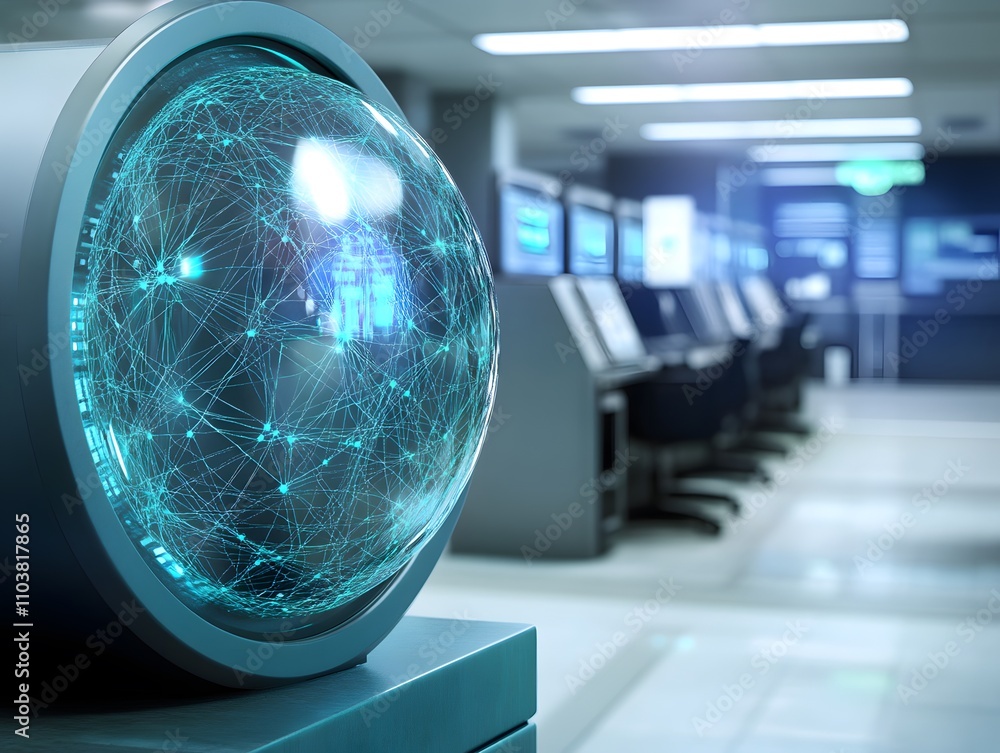 Poster a futuristic digital globe representing interconnected networks in a tech environment.