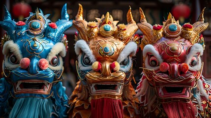 Fototapeta premium performers in vibrant dragon costumes