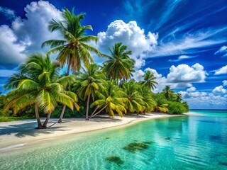 Fototapeta premium Small Tropical Island Paradise with Palm Trees and White Sand Beach Surrounded by Crystal Clear Blue Ocean for Relaxation and Vacation Experience