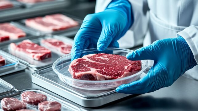 Person hands wearing blue gloves holding petri Cultured meat concept,