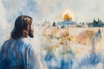 Jesus gazing over the city of Jerusalem, with a faint halo of light around him. The watercolor uses deep blues, soft whites, and light golden accents to evoke a sense of reverence and prophecy.