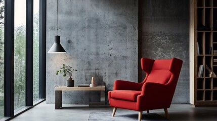 Red armchair in modern living room with concrete wall