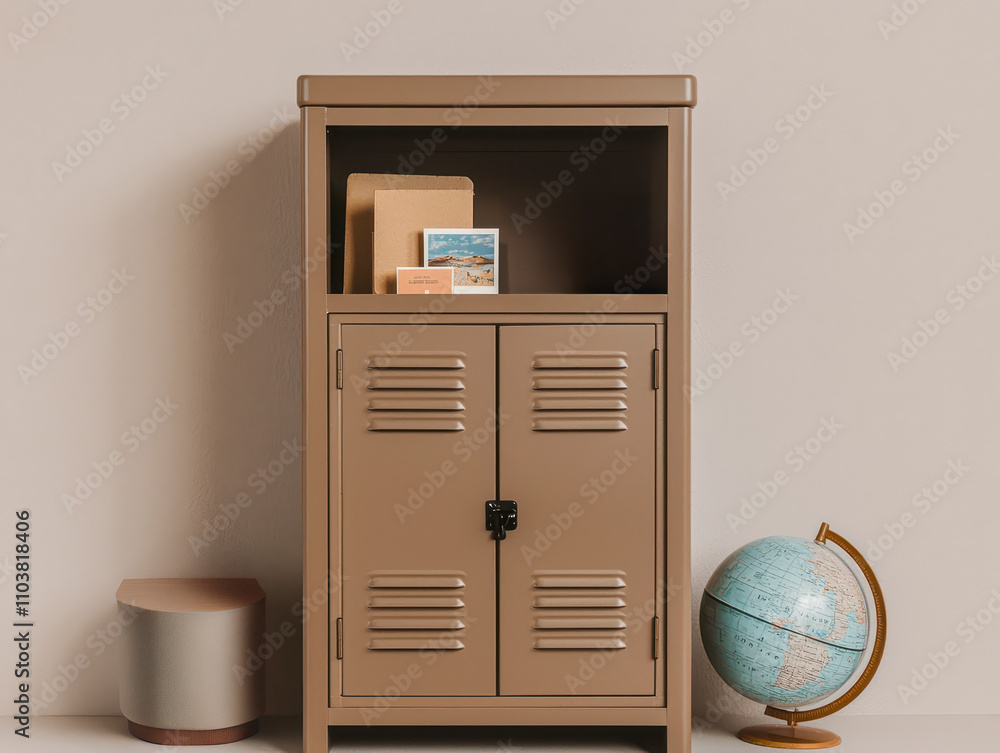 Poster locker compact protection concept. stylish storage locker with globe and decorative items on display