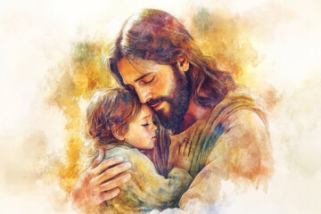 A tender watercolor illustration of Jesus Christ gently holding a child in His arms, with a warm and compassionate expression. The soft brushstrokes create an atmosphere of love and peace, with a