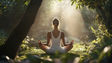 Young woman sitting meditative pose garden She is practicing mindfulness meditation