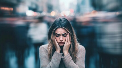 Young woman standing middle busy street her head The concept of depression