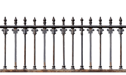 rusty weathered iron fence railings, black vintage yard garden corroded metal railings. cutout.
