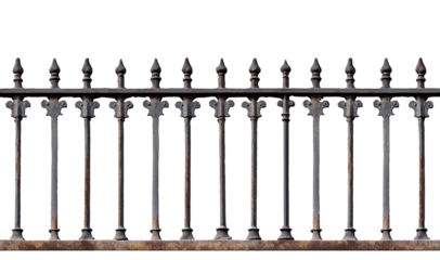 rusty weathered iron fence railings, black vintage yard garden corroded metal railings. cutout.
