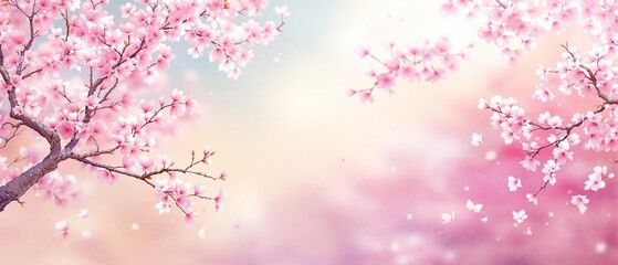 Fototapeta premium Artistic watercolor painting of cherry blossom tree branches, botanical, nature, art, sakura, flowers