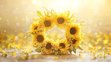vibrant sunflower wreath surrounded by soft glowing light, creating warm and cheerful atmosphere. Perfect for celebrations or home decor