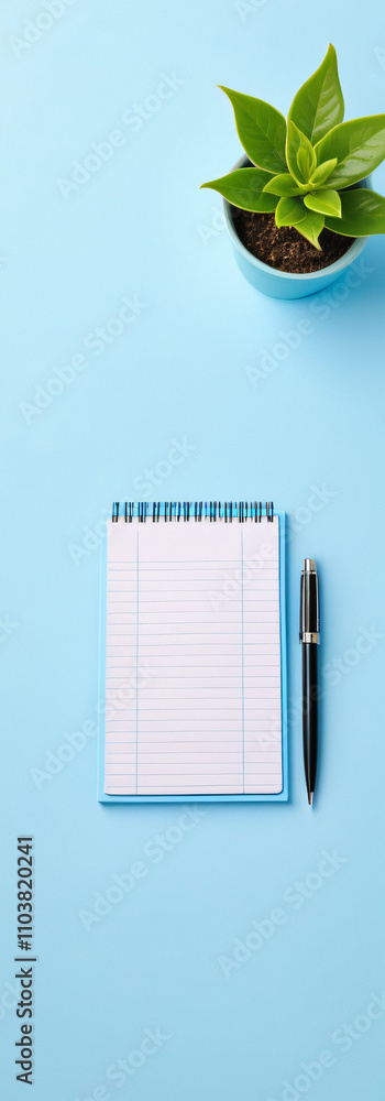 Aufkleber a blue notepad with a pen and plant sit on an isolated pastel blue background leaving plenty of empt