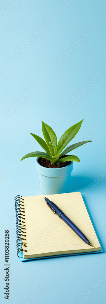Poster a blue notepad with a pen and plant sit on an isolated pastel blue background leaving plenty of empt