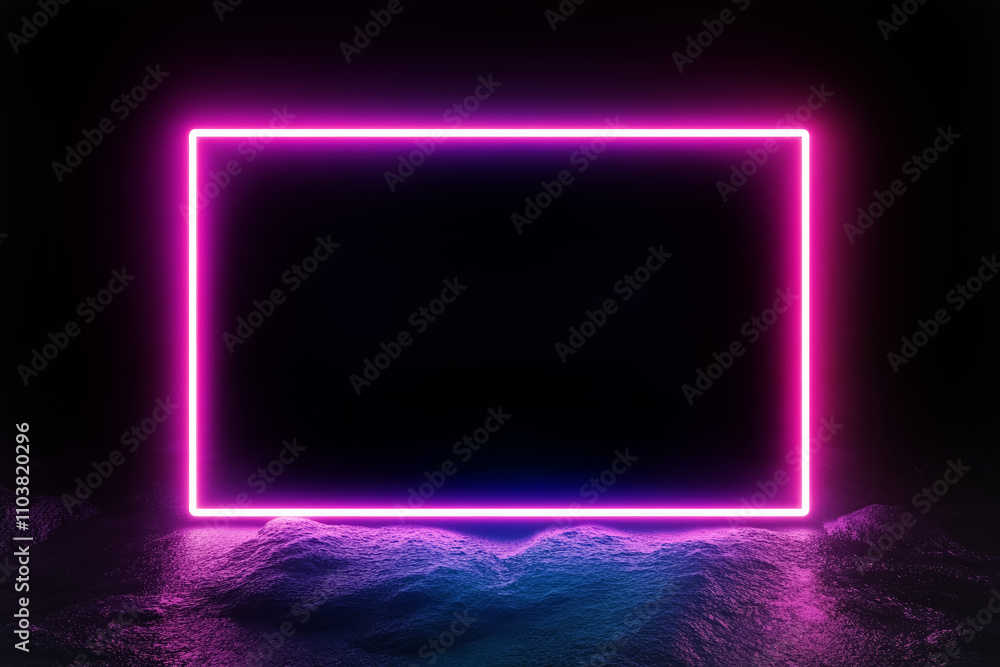 Wall mural rectangular glowing pink neon picture frame on a dark background. 3d illustration rendering. empty c