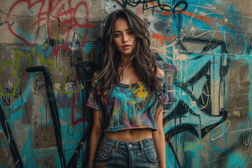  Beautiful young Hispanic woman with long dark hair wearing colorful crop top and jeans posing against urban graffiti wall, street style fashion portrait
