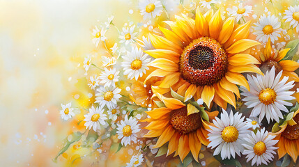 vibrant sunflower wreath adorned with delicate daisies, radiating warmth and joy. This watercolor art captures essence of summer with its glowing colors and soft textures
