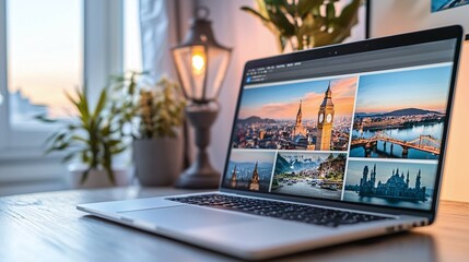 travel laptop photography desktop workspace with images and memories, exploring innovation and aesthetic design.






