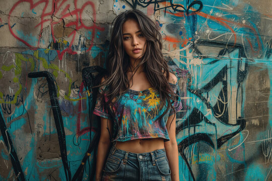  Beautiful young Hispanic woman with long dark hair wearing colorful crop top and jeans posing against urban graffiti wall, street style fashion portrait