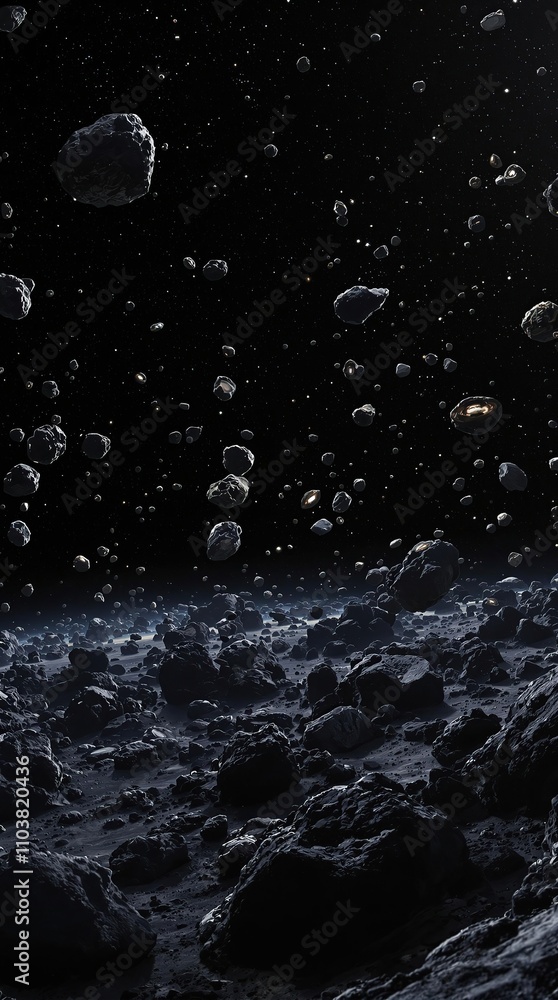 Aufkleber an asteroid field with numerous asteroids and comets against the blackness of outer space, comets, c