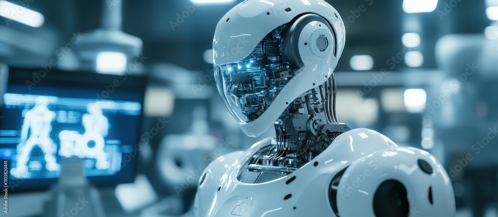 Poster advanced humanoid robot in a futuristic laboratory setting.