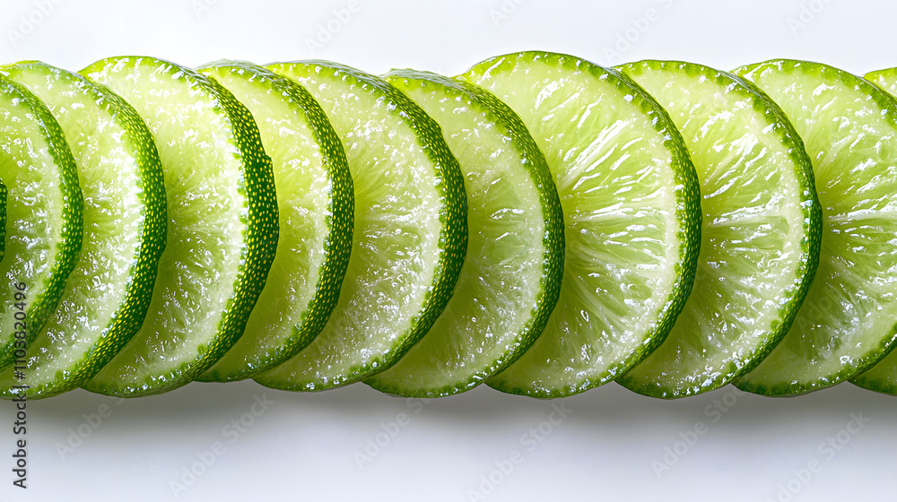 Aufkleber close-up shot of several lime slices arranged in a row on a white background. the vibrant green colo